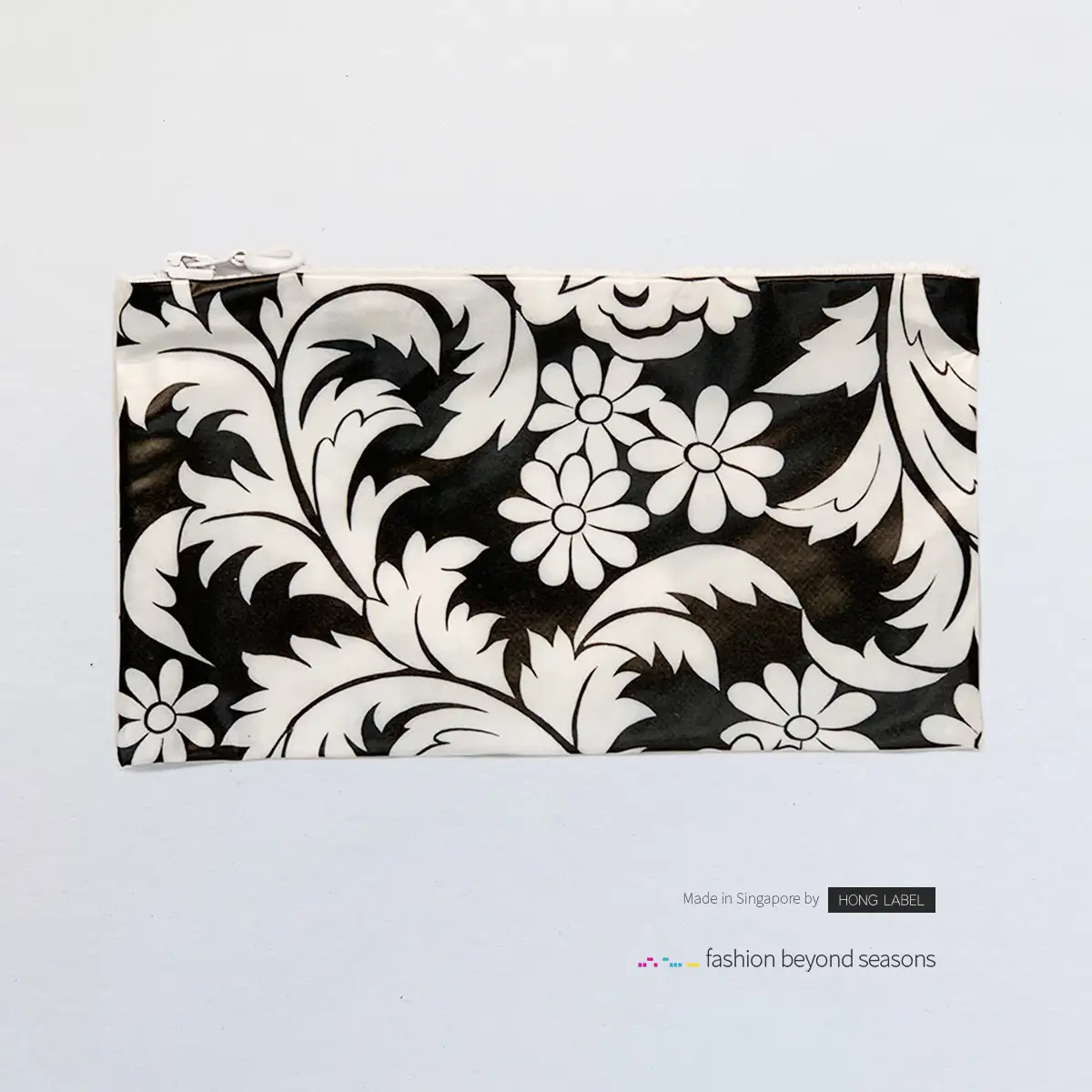 Black-and-White-Floral-with-White-Zip-Long-Bag