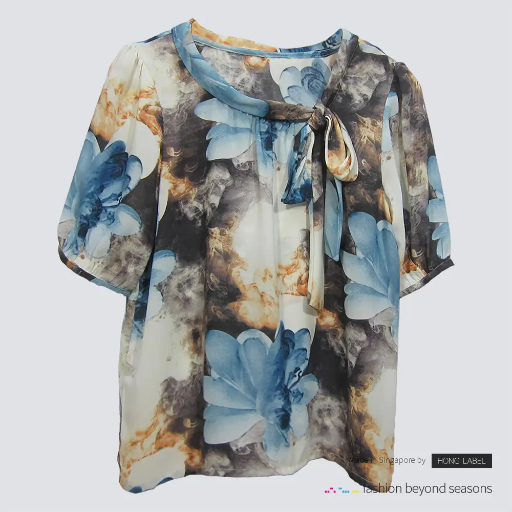 Blue and Brown Floral Blouse with Front Ribbon back