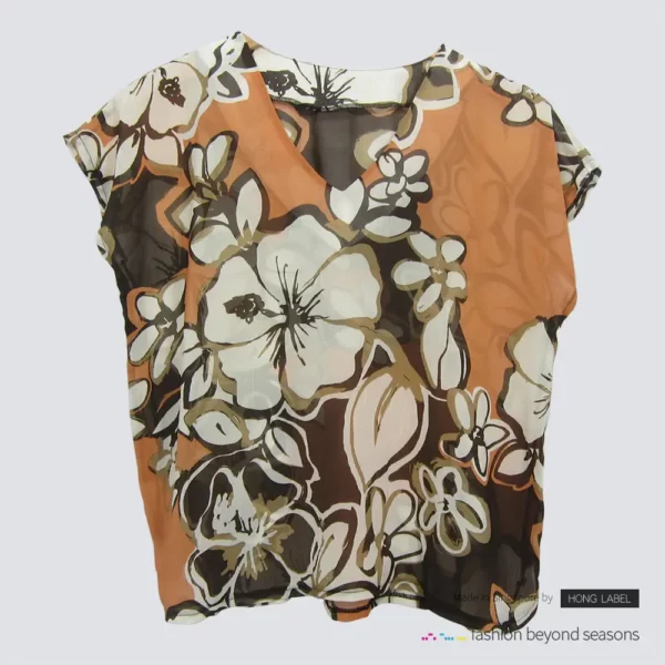 Brown floral V neck chiffon blouse front