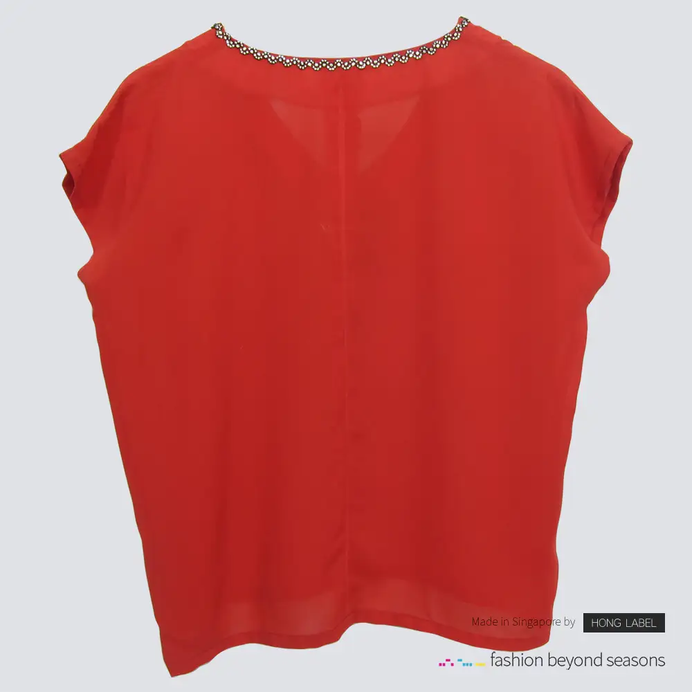 Red V Neck with bead chiffon blouse back