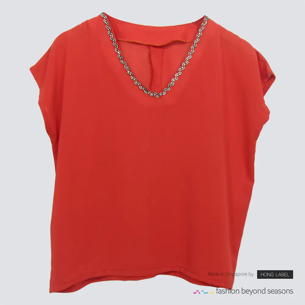 Red V Neck with bead chiffon blouse front