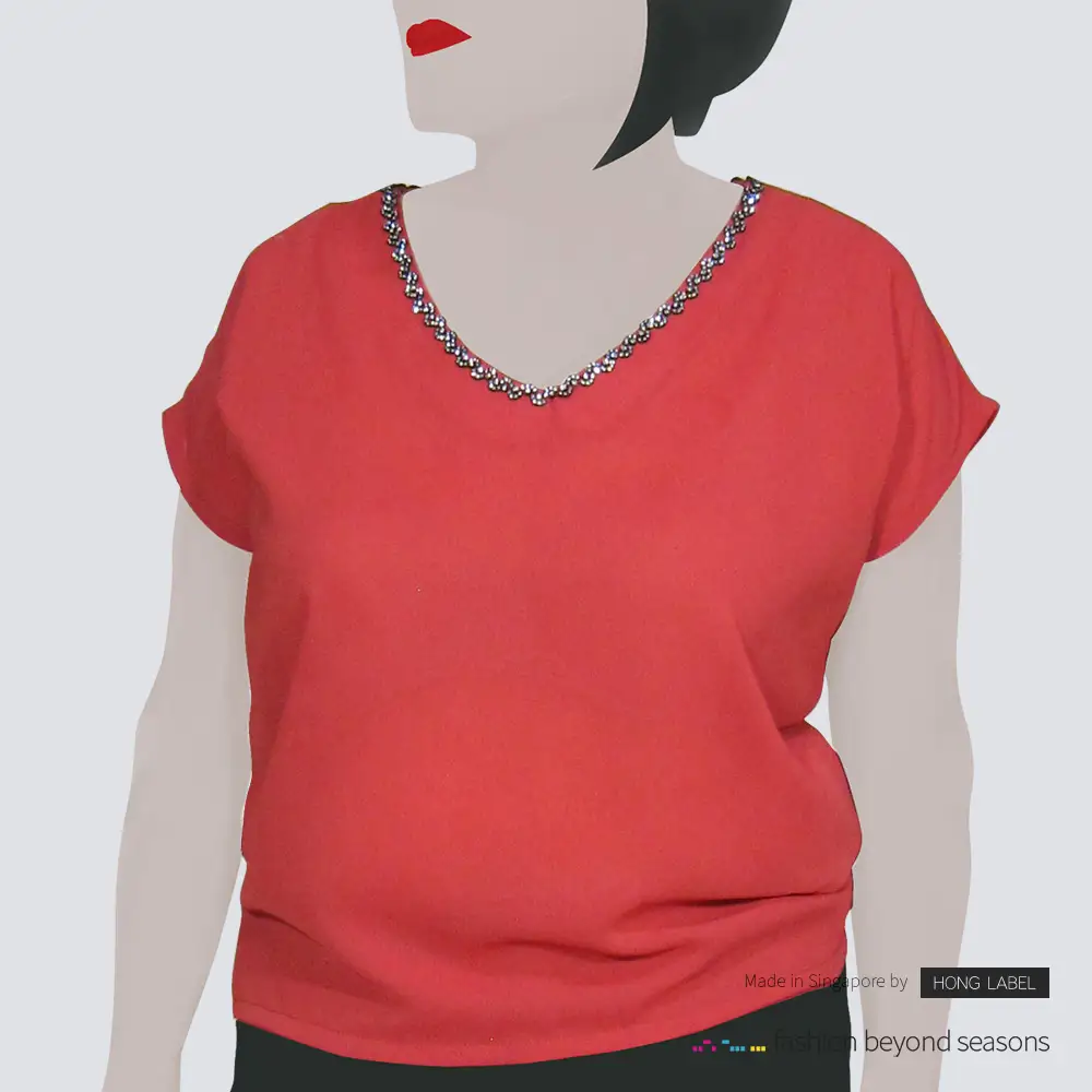 Red V Neck with bead chiffon blouse